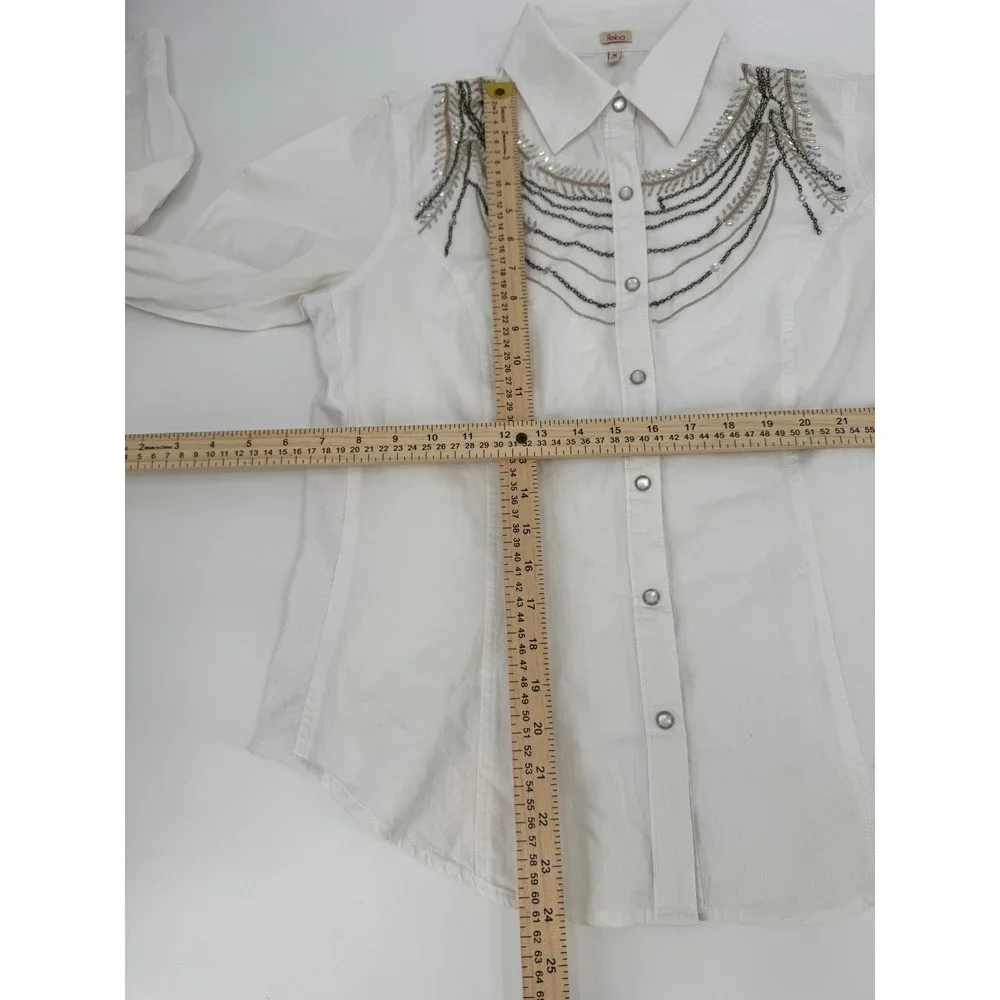 Y2K Reba Western Shirt Womens‎ Medium White Rhinestone Chain Cotton Pearl Snap